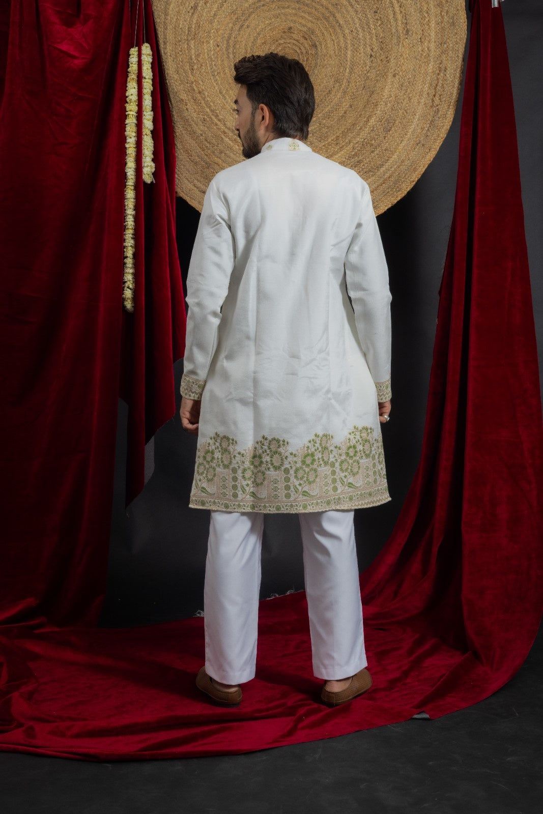 WHITE GREEN FLORAL JACQUARD DESIGNER KURTA