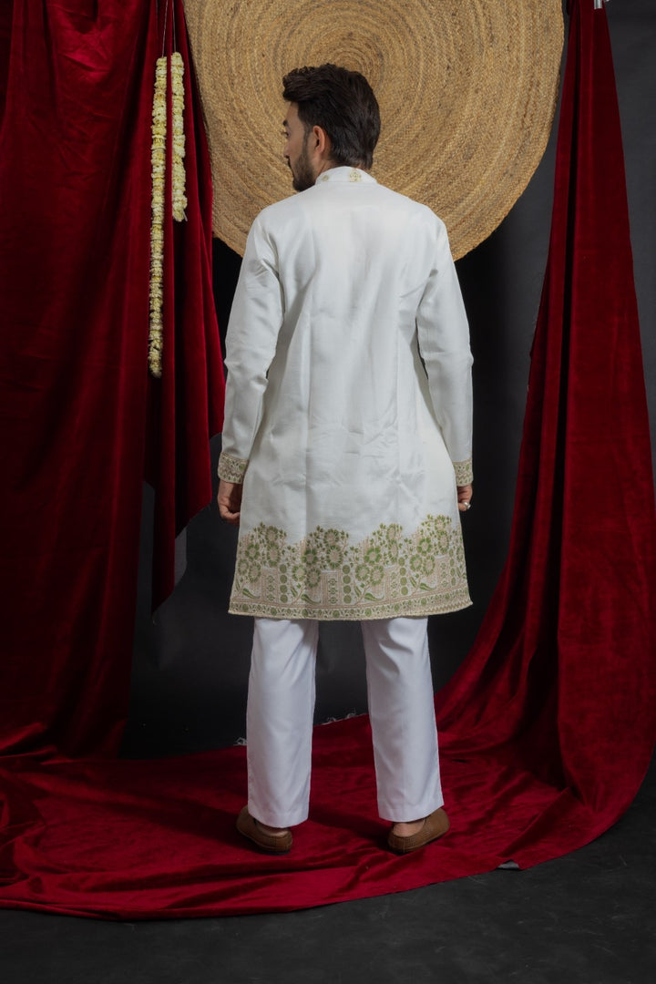 WHITE GREEN FLORAL JACQUARD DESIGNER KURTA