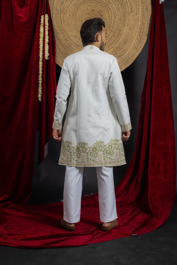 WHITE GREEN FLORAL JACQUARD DESIGNER KURTA