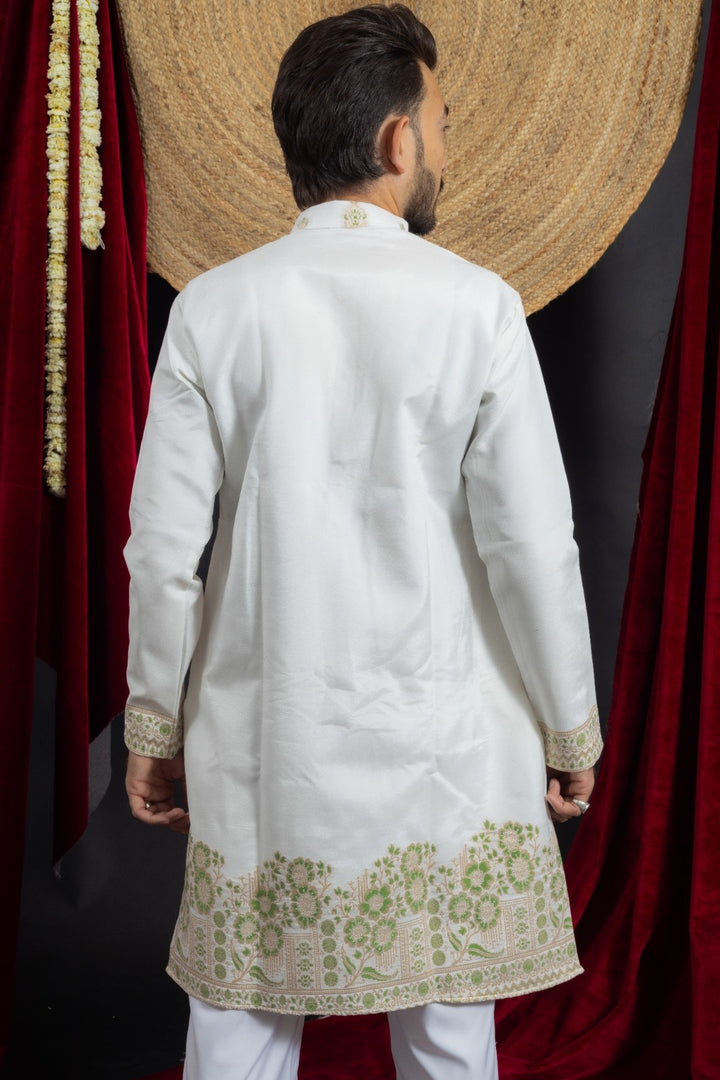 WHITE GREEN FLORAL JACQUARD DESIGNER KURTA