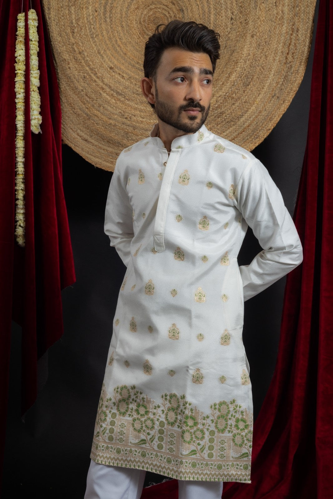 WHITE GREEN FLORAL JACQUARD DESIGNER KURTA