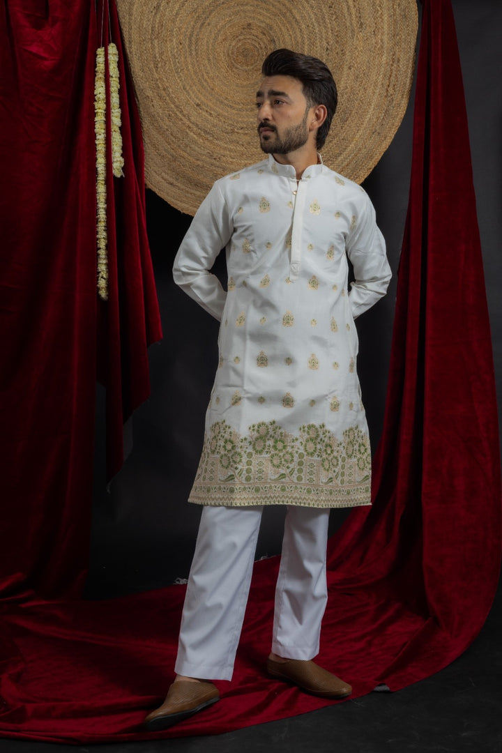 WHITE GREEN FLORAL JACQUARD DESIGNER KURTA