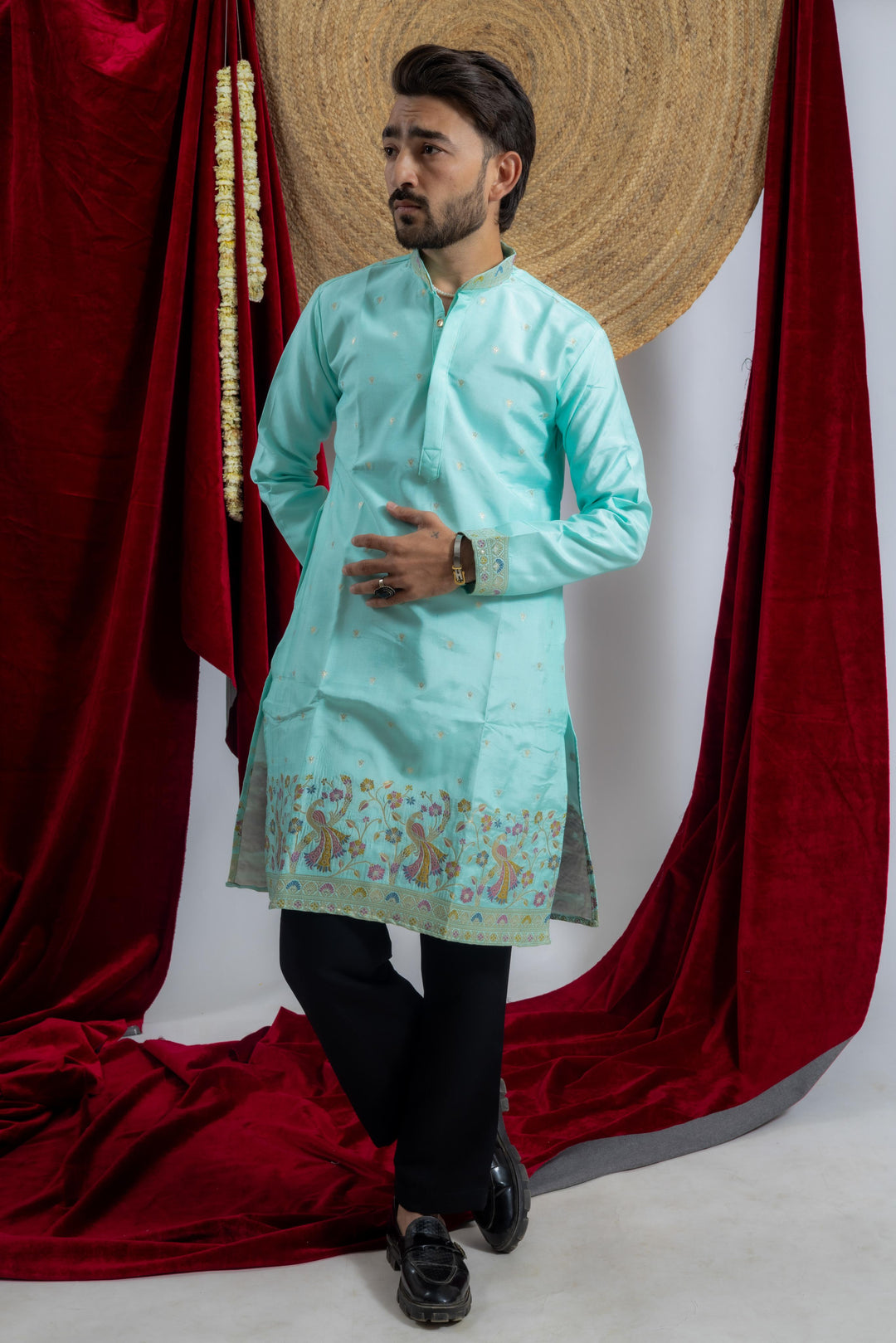 TEAL BLUE MORKALA JACQUARD WOKRD INDO MEN KURTA