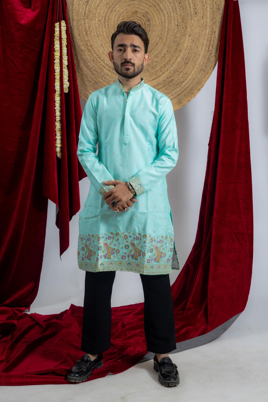 TEAL BLUE MORKALA JACQUARD WOKRD INDO MEN KURTA