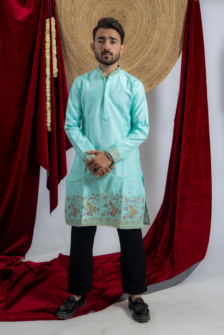 TEAL BLUE MORKALA JACQUARD WOKRD INDO MEN KURTA