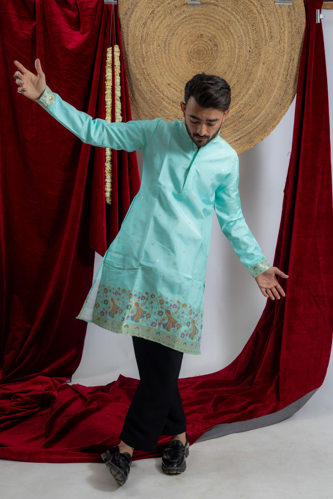 TEAL BLUE MORKALA JACQUARD WOKRD INDO MEN KURTA