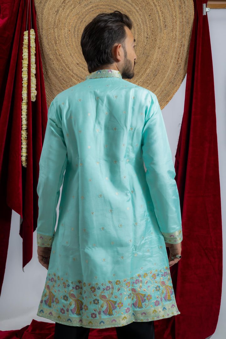 TEAL BLUE MORKALA JACQUARD WOKRD INDO MEN KURTA