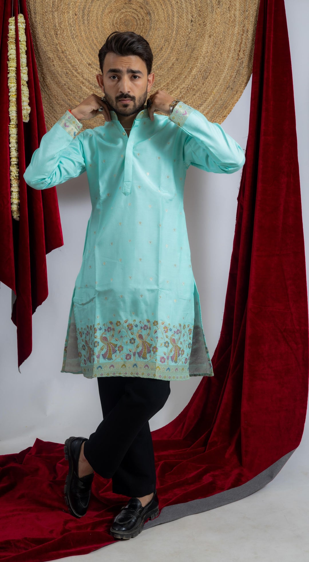 TEAL BLUE MORKALA JACQUARD WOKRD INDO MEN KURTA