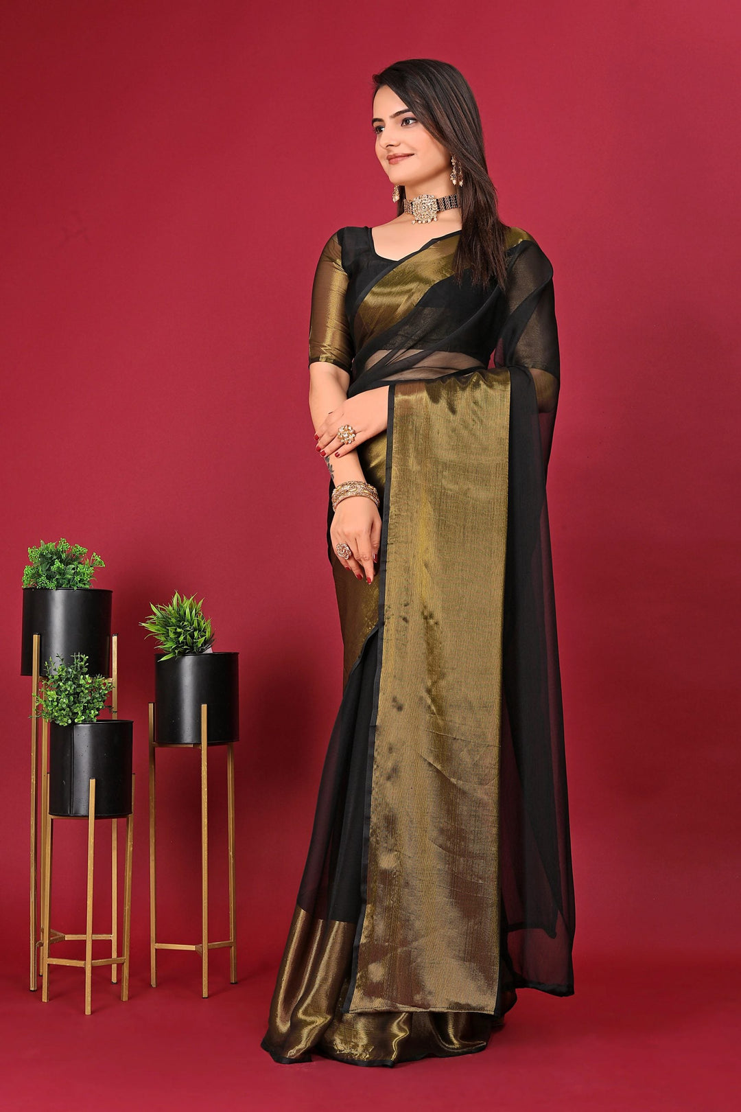 1-Min Ready To Wear Saree BLACK In Premium Chiffon Silk With Zari Patta