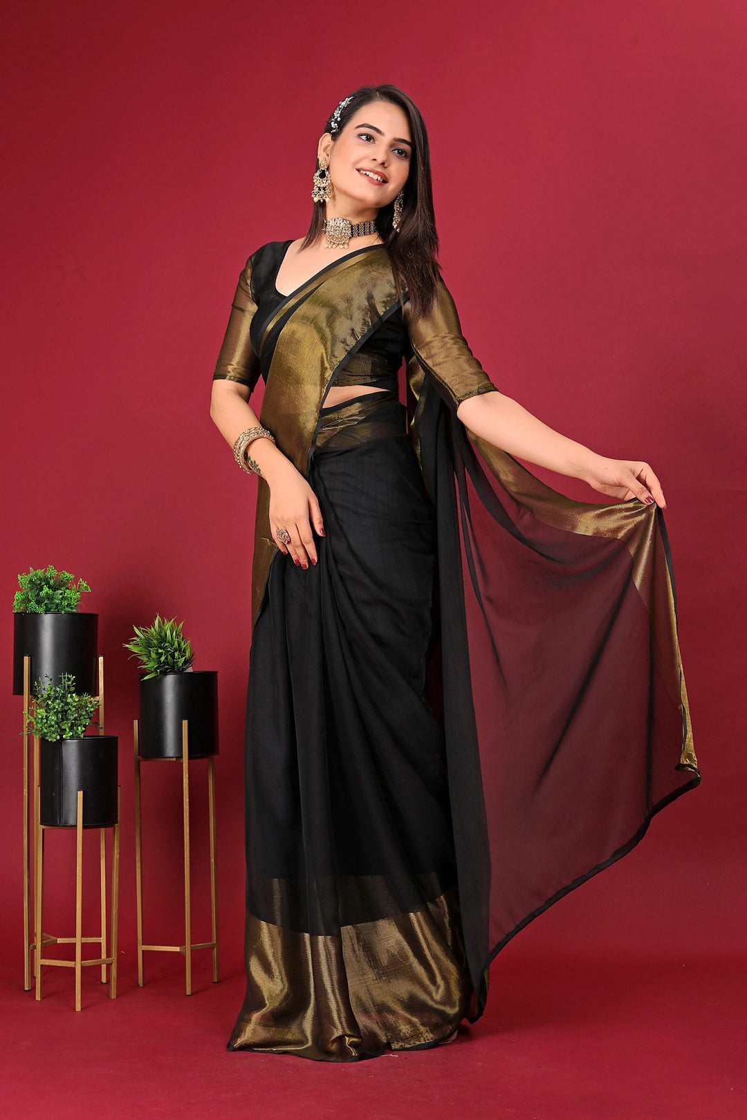 1-Min Ready To Wear Saree BLACK In Premium Chiffon Silk With Zari Patta
