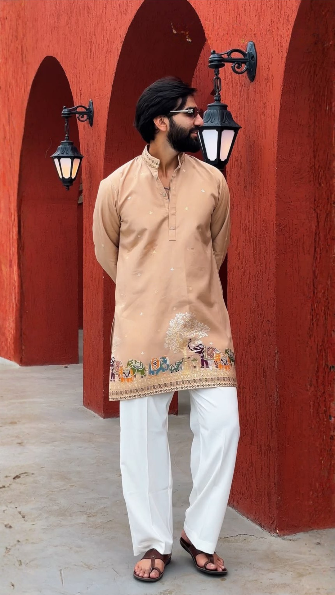 BEIGE KALPRAAG – ELEPHANT PATTERN JACQUARD KURTA