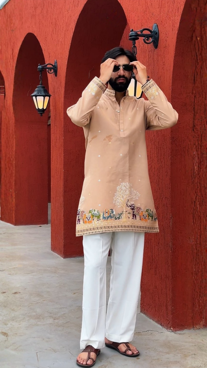 BEIGE KALPRAAG – ELEPHANT PATTERN JACQUARD KURTA