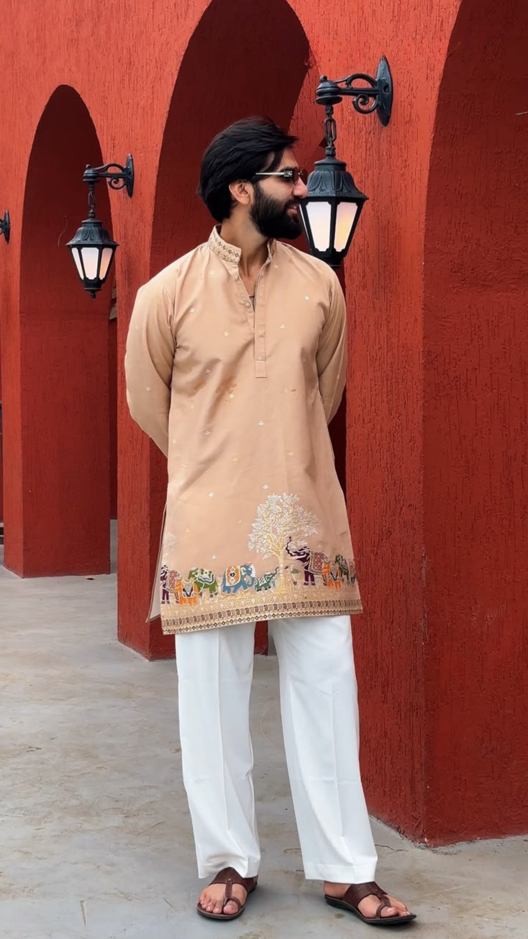 BEIGE KALPRAAG – ELEPHANT PATTERN JACQUARD KURTA
