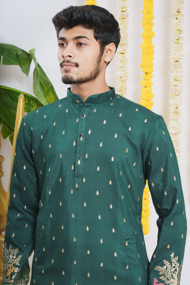 DARK GREEN ANIMAL PATTERN JACQUARD DESIGNER KURTA