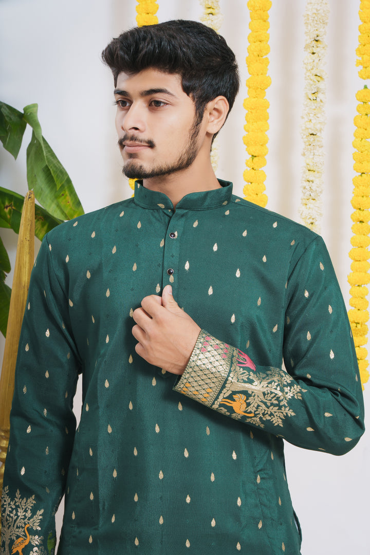 DARK GREEN ANIMAL PATTERN JACQUARD DESIGNER KURTA