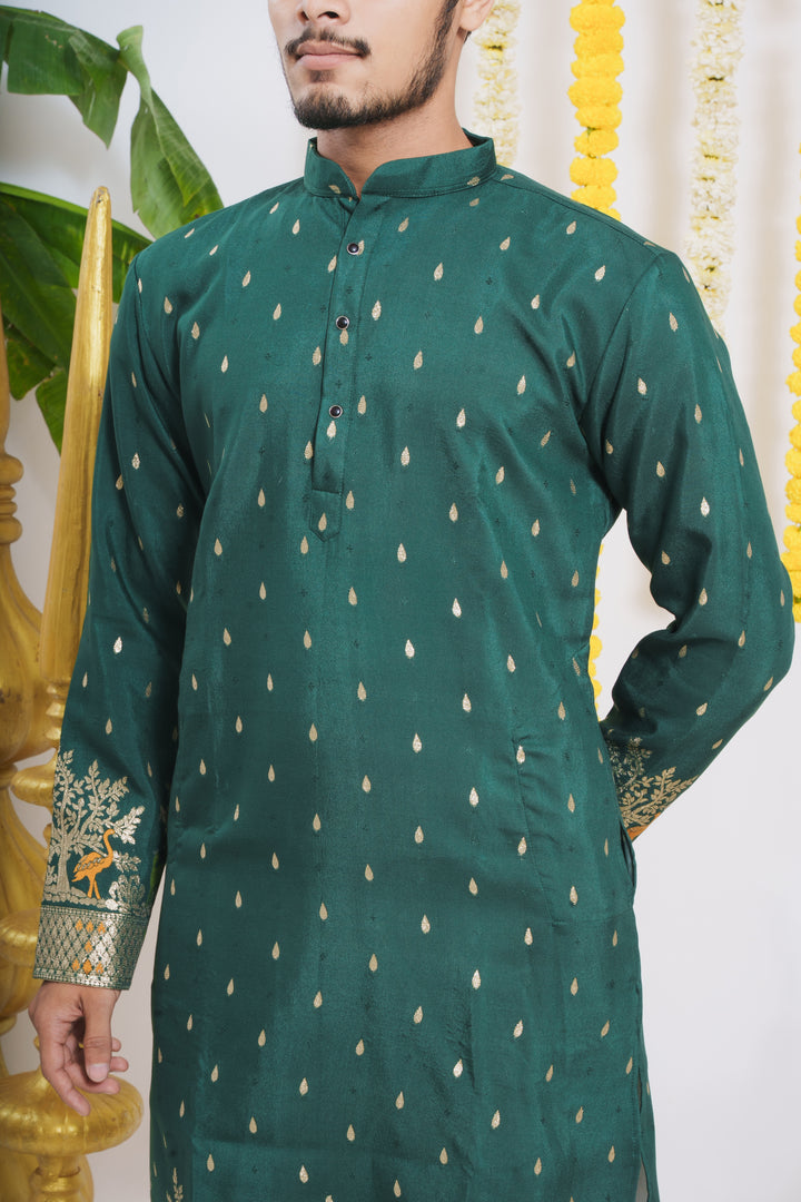 DARK GREEN ANIMAL PATTERN JACQUARD DESIGNER KURTA