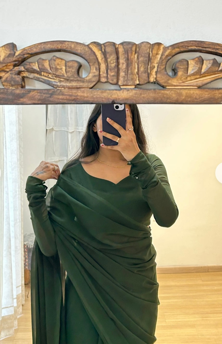 1 Min Ready to Wear Dark Green Georgette Saree- Rubby