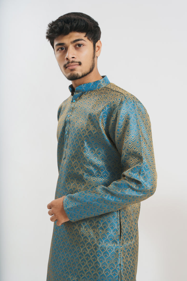 Blue Golden Leaves Pattern Men's Designer Kurta