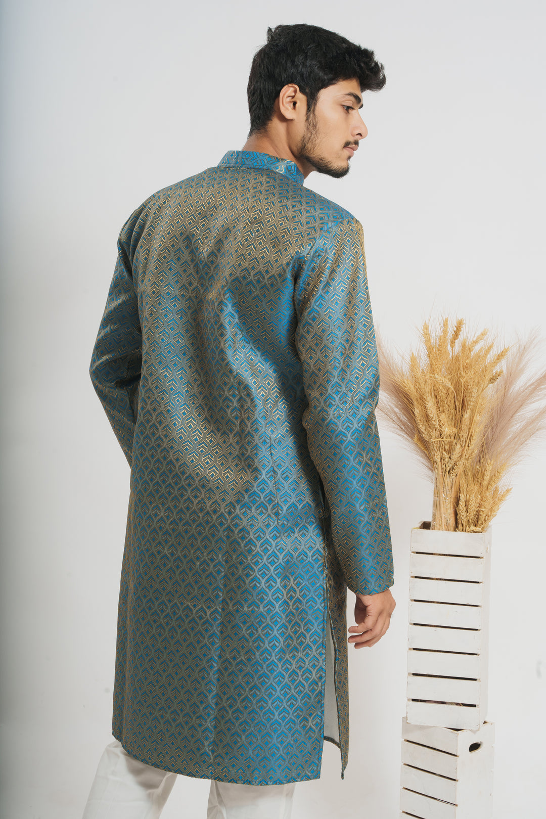 Blue Golden Leaves Pattern Men's Designer Kurta