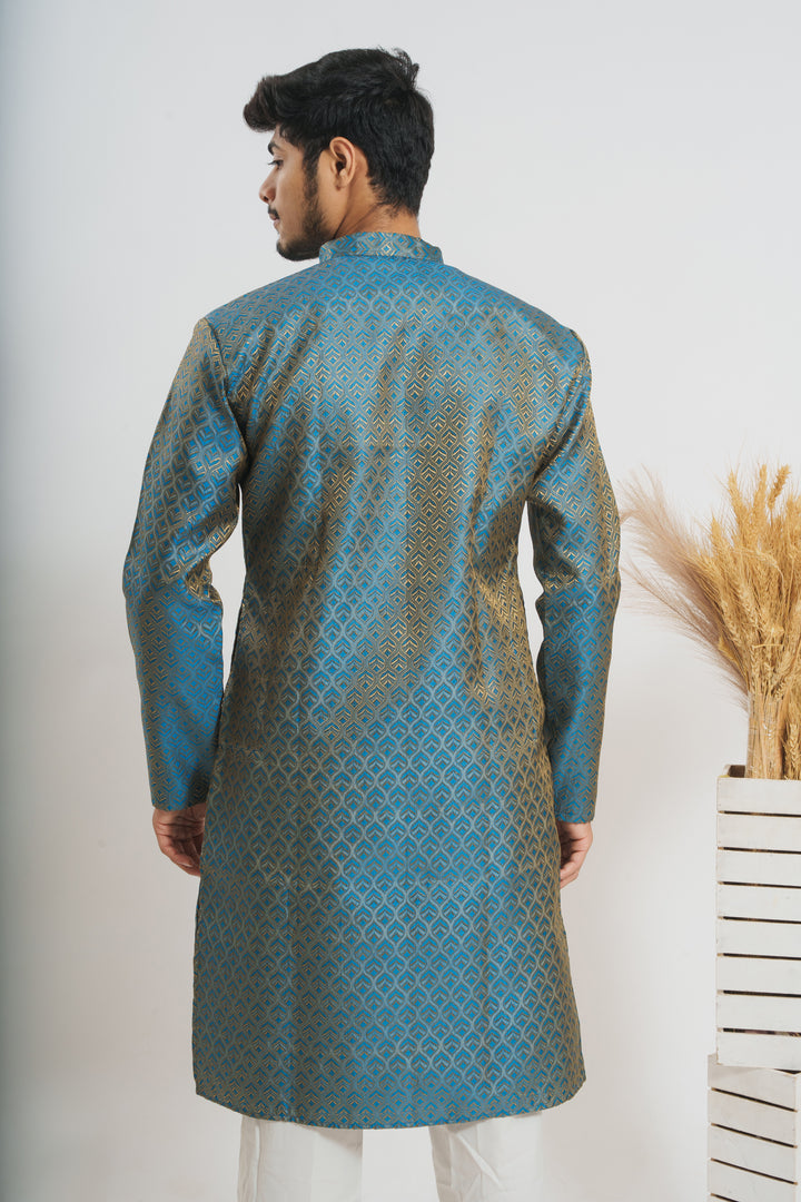 Blue Golden Leaves Pattern Men's Designer Kurta