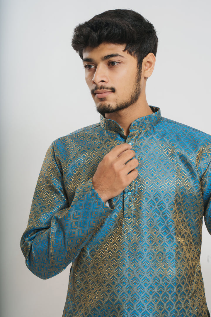 Blue Golden Leaves Pattern Men's Designer Kurta