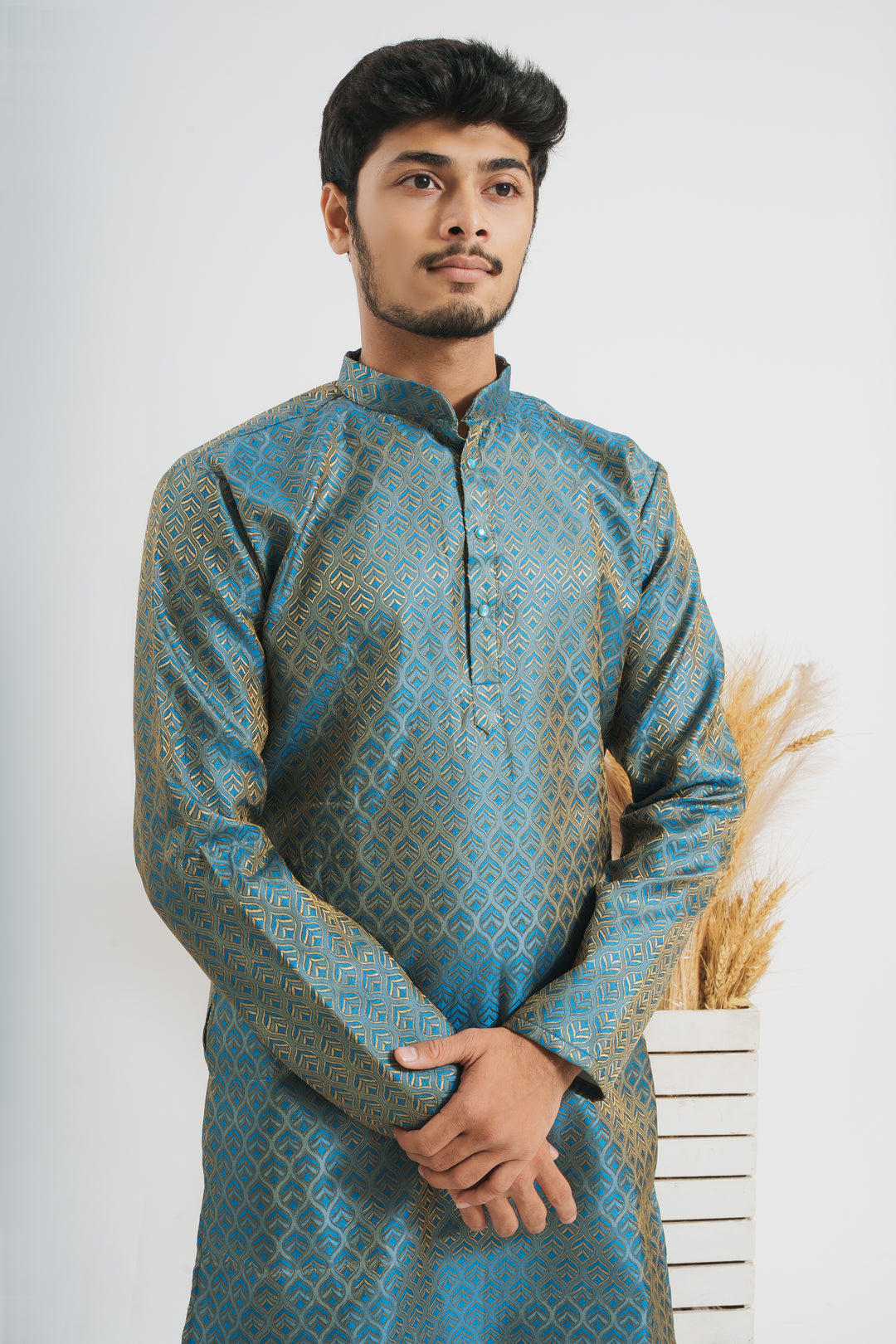 Blue Golden Leaves Pattern Men's Designer Kurta