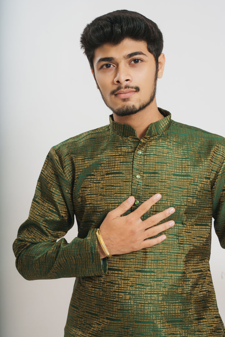 DARK GREEN GOLDEN SHINY STRUCTURED JACQUARD DESIGNER KURTA