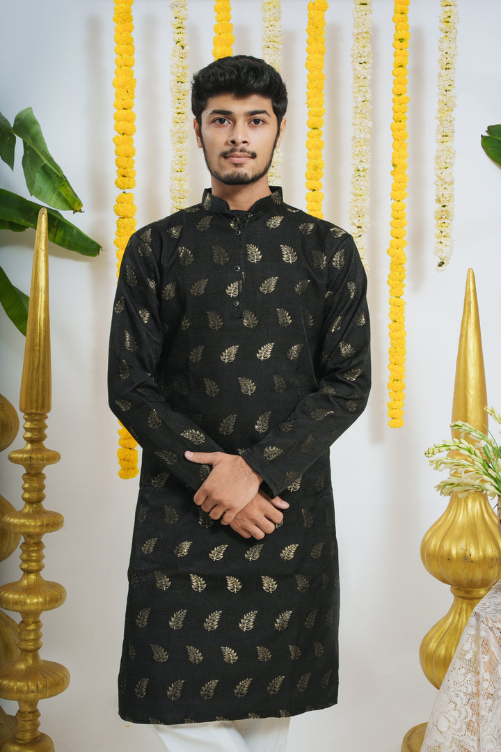 Black Pankh WIth Golden Leaves Designer Kurta