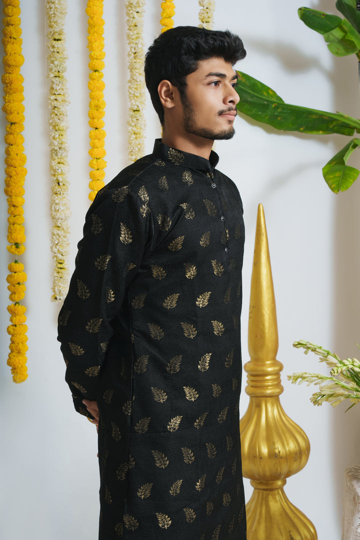 Black Pankh WIth Golden Leaves Designer Kurta