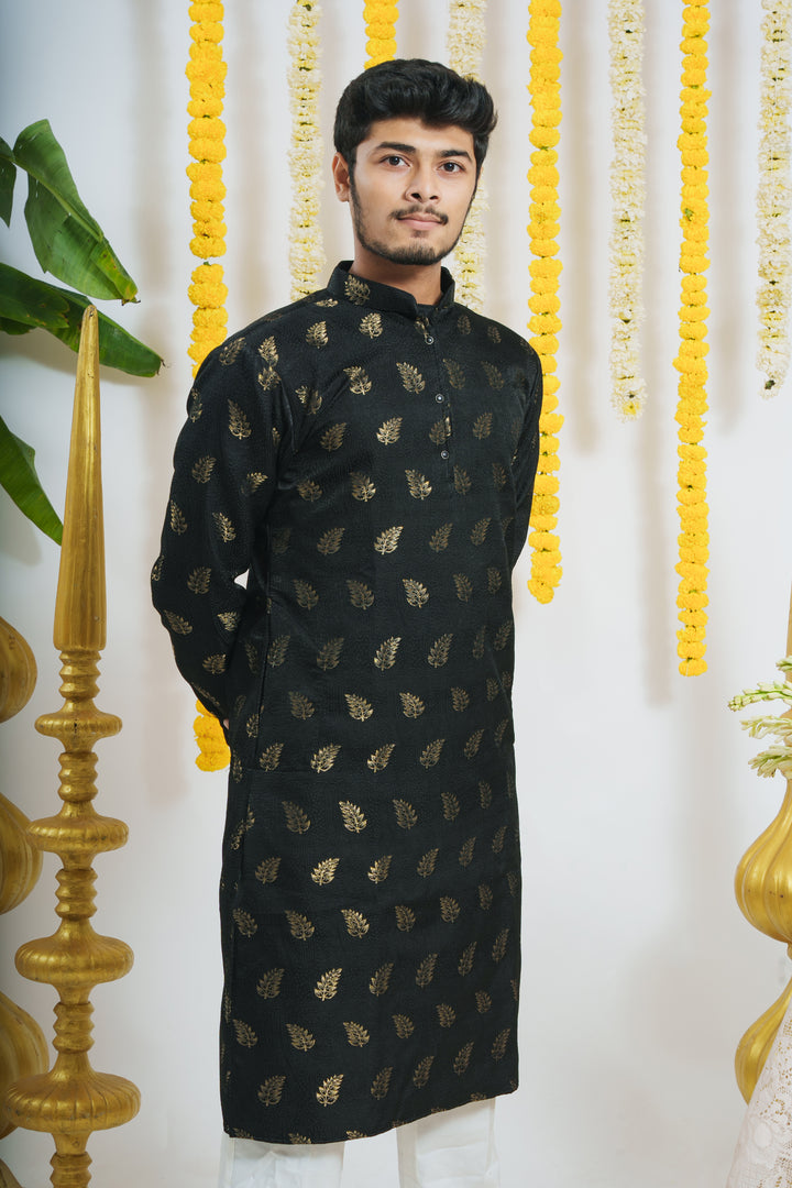 Black Pankh WIth Golden Leaves Designer Kurta