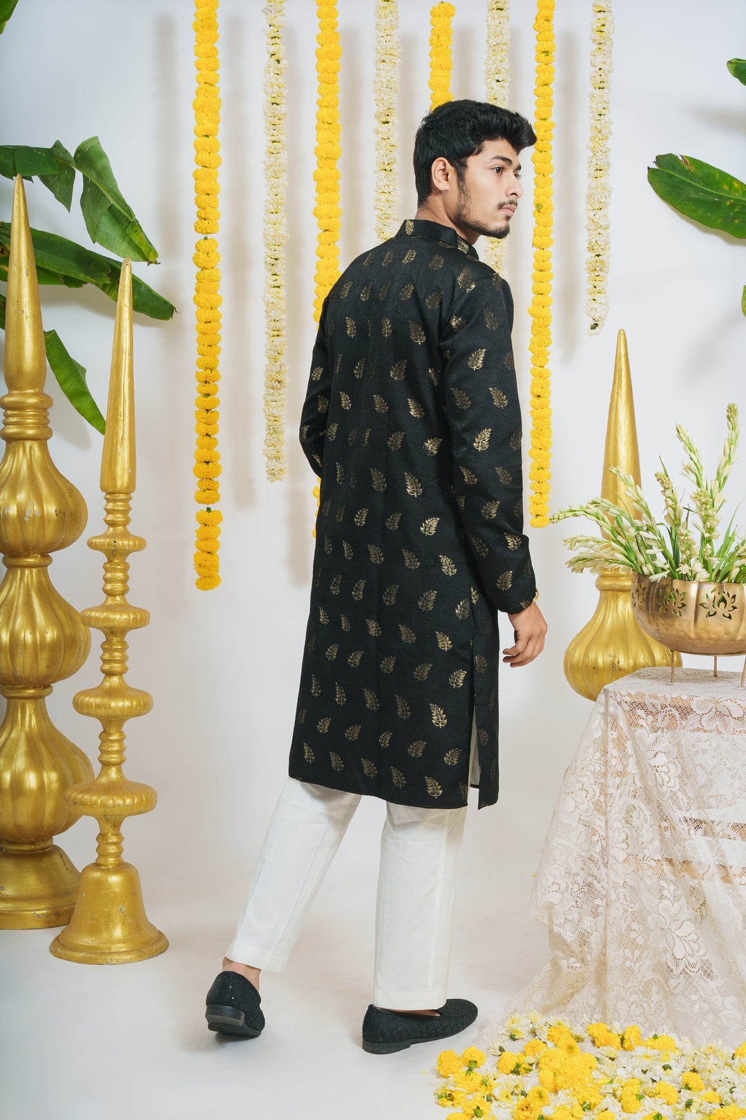 Black Pankh WIth Golden Leaves Designer Kurta