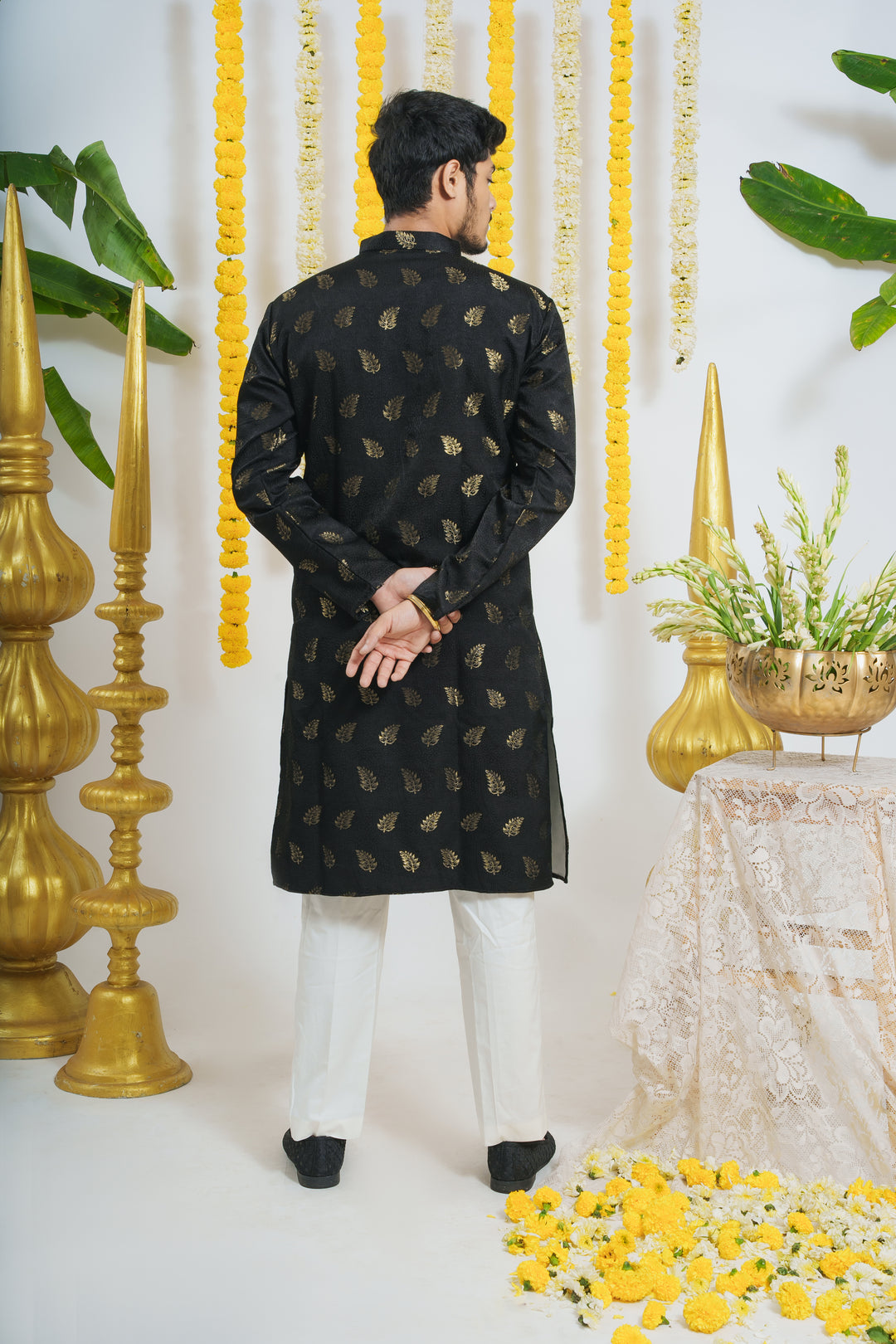 Black Pankh WIth Golden Leaves Designer Kurta