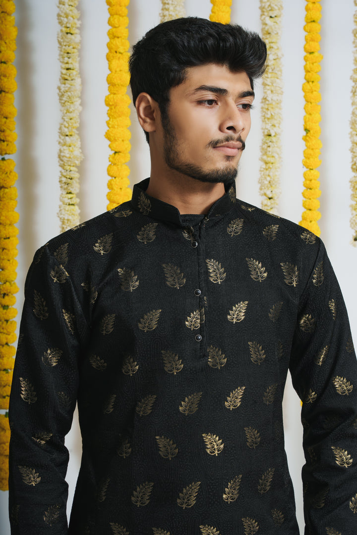 Black Pankh WIth Golden Leaves Designer Kurta