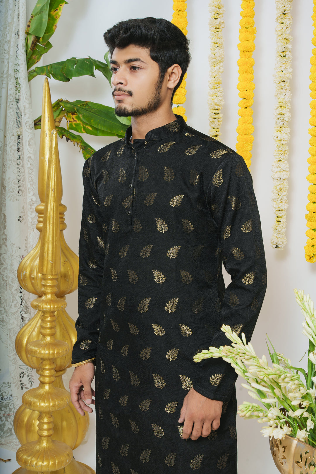 Black Pankh WIth Golden Leaves Designer Kurta