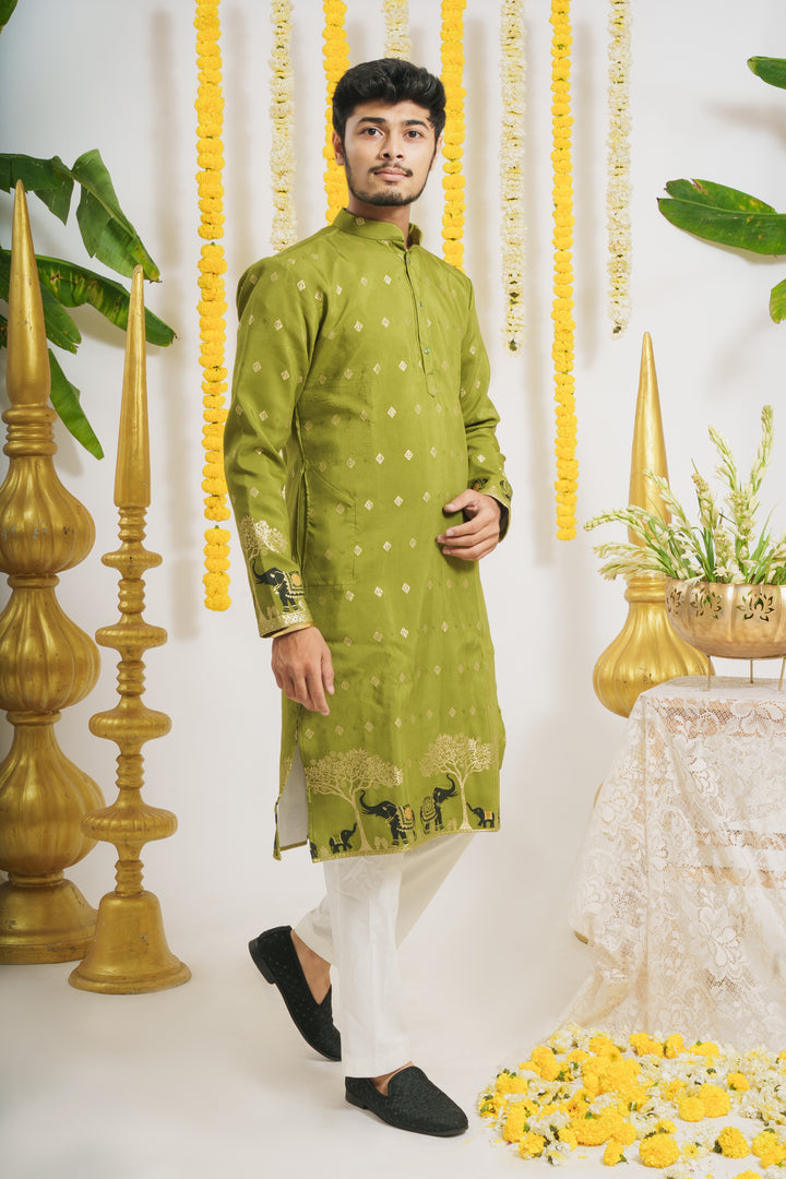 MEHANDI ELEPHANT PATTERN JACQUARD DESIGNER KURTA