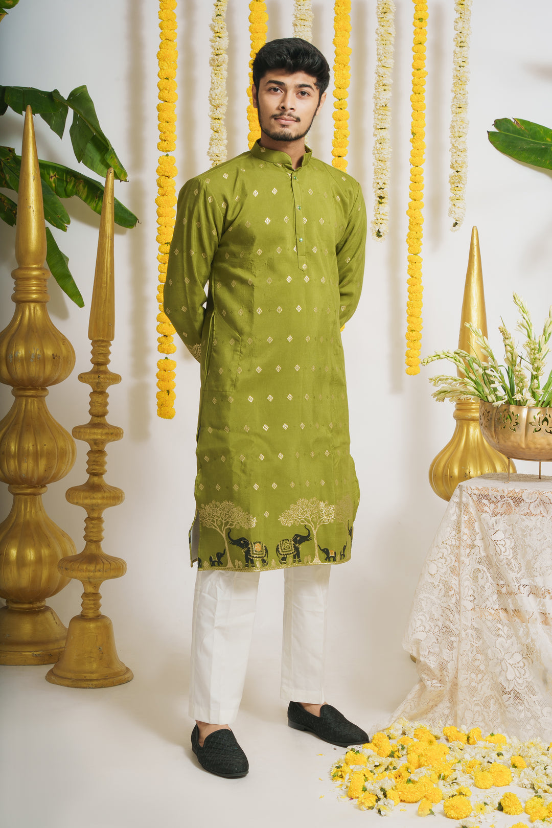 MEHANDI ELEPHANT PATTERN JACQUARD DESIGNER KURTA