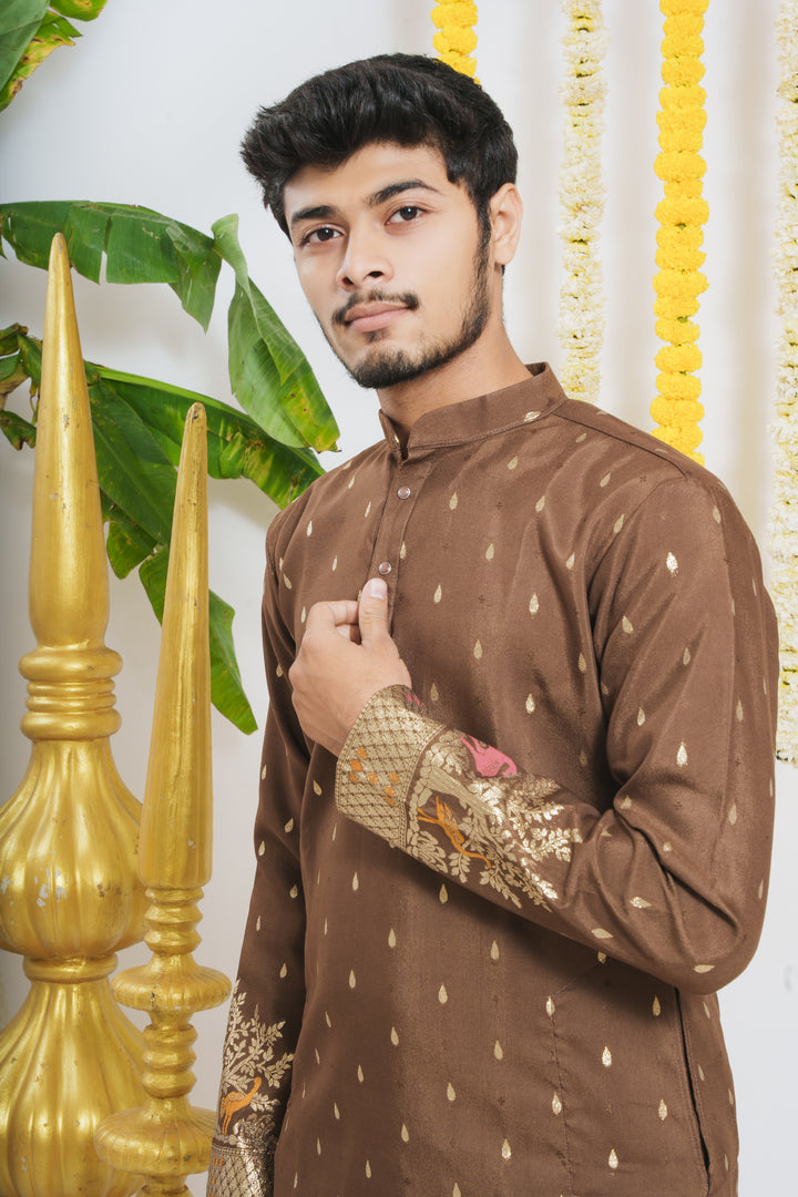 BROWN ANIMAL PATTERN JACQUARD DESIGNER KURTA