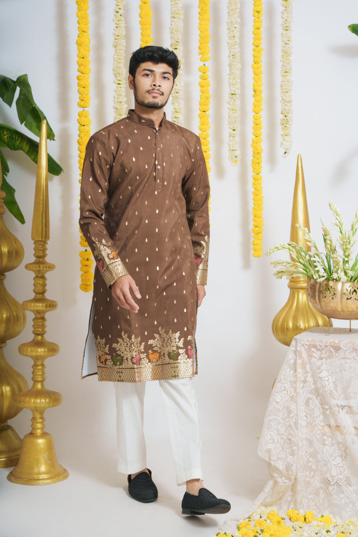 BROWN ANIMAL PATTERN JACQUARD DESIGNER KURTA