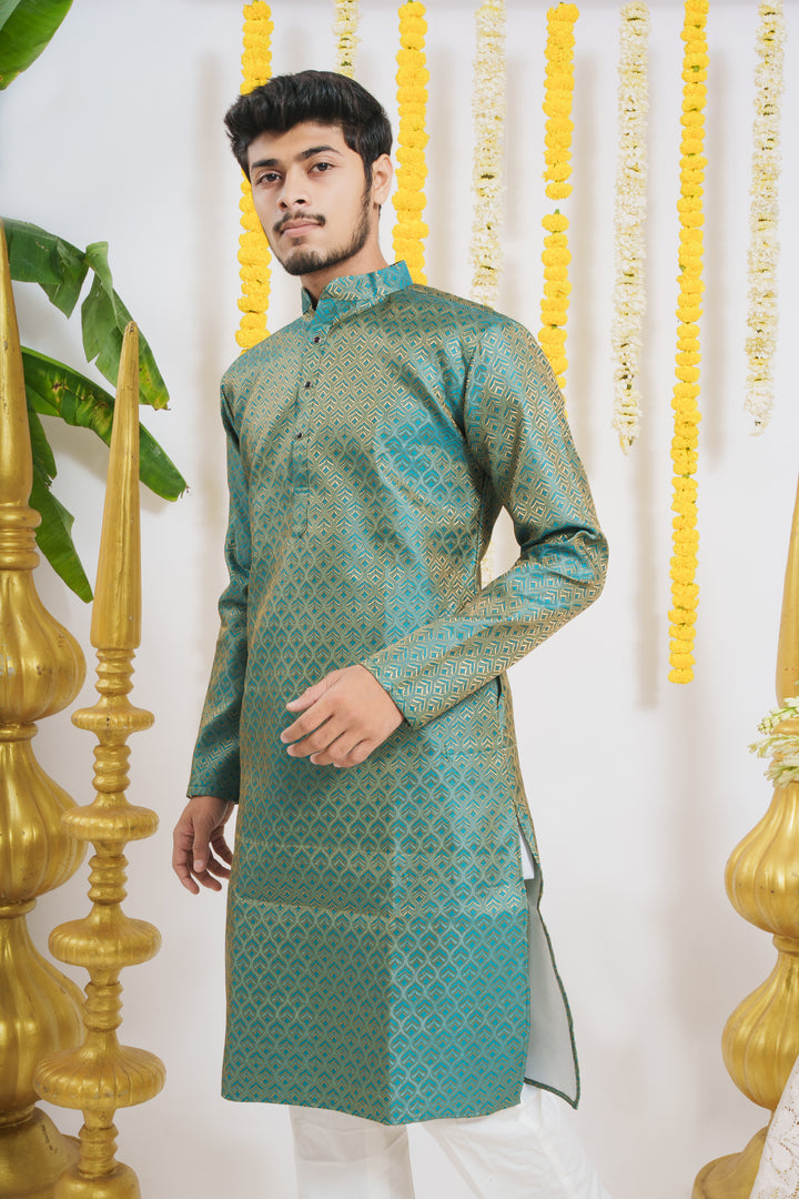 Firozi Golden Leaves Pattern Men's Designer Kurta