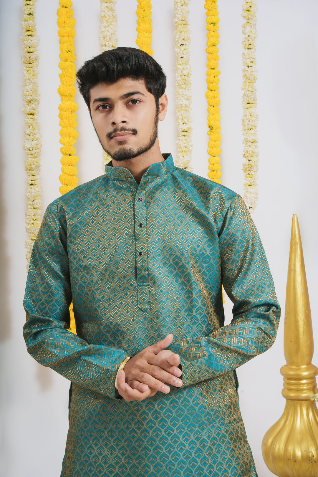 Firozi Golden Leaves Pattern Men's Designer Kurta