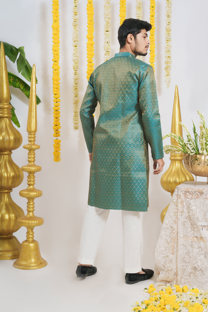 Firozi Golden Leaves Pattern Men's Designer Kurta