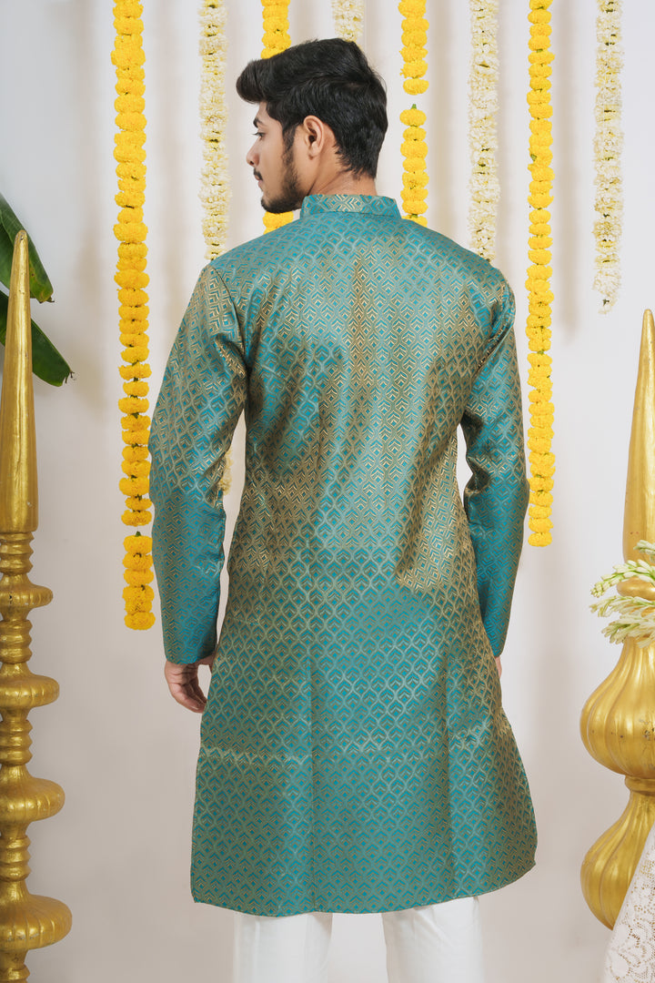 Firozi Golden Leaves Pattern Men's Designer Kurta