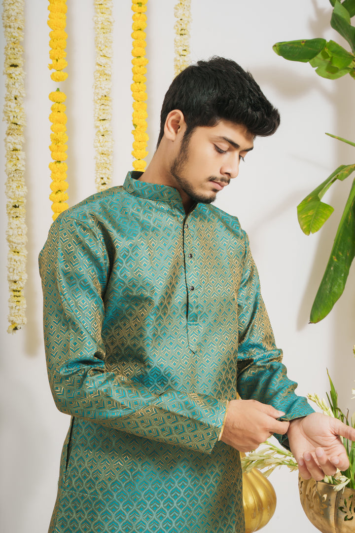 Firozi Golden Leaves Pattern Men's Designer Kurta