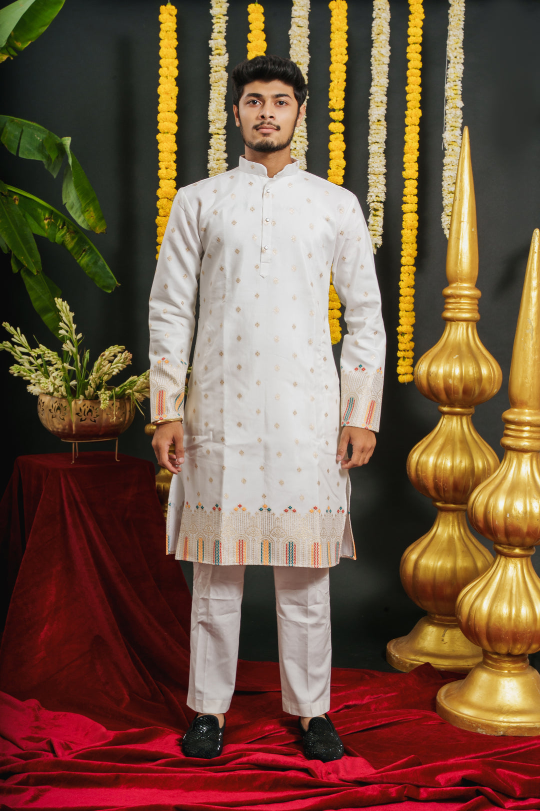 WHITE RAJWADI PATTERN JACQUARD DESIGNER KURTA