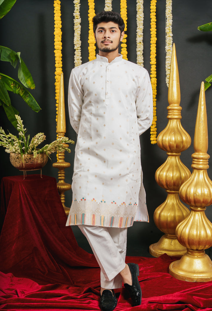 WHITE RAJWADI PATTERN JACQUARD DESIGNER KURTA