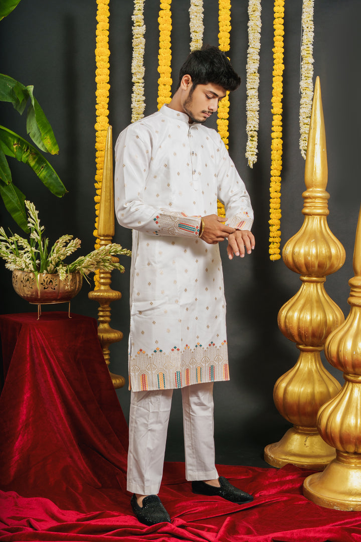 WHITE RAJWADI PATTERN JACQUARD DESIGNER KURTA