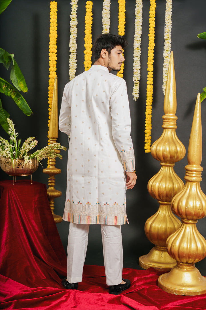 WHITE RAJWADI PATTERN JACQUARD DESIGNER KURTA