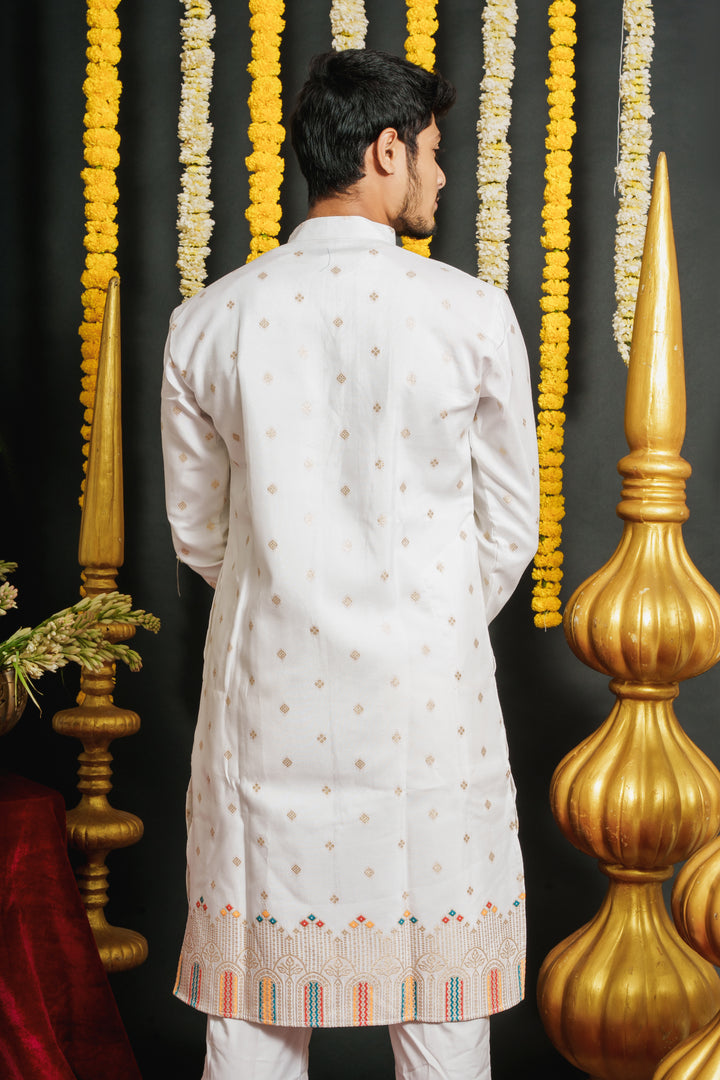 WHITE RAJWADI PATTERN JACQUARD DESIGNER KURTA