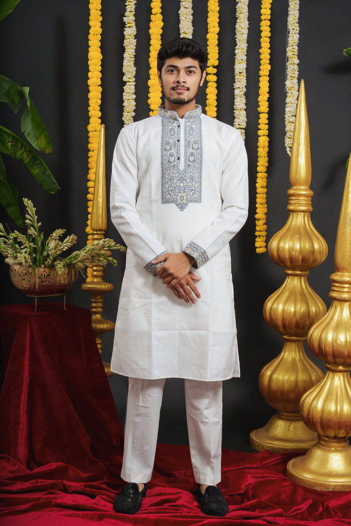 White Monogram Blue Floral Neck Jacquard Designer Kurta