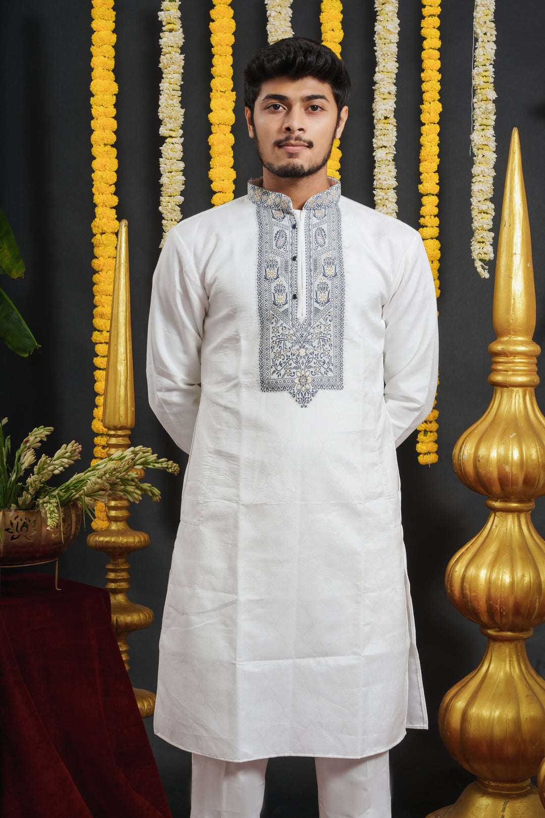 White Monogram Blue Floral Neck Jacquard Designer Kurta